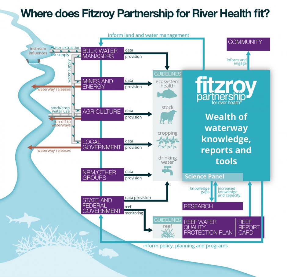 Graphic showing Fitzroy Partnership for River Health and where it fits in waterway health monitoring and reporting. 