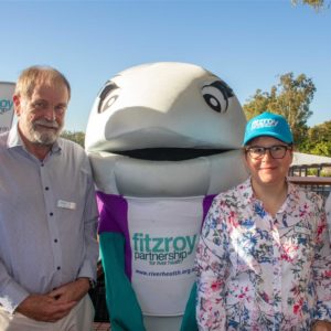 Partnership mascot Mindi the Barramundi with members of the Independent Science Panel. 
