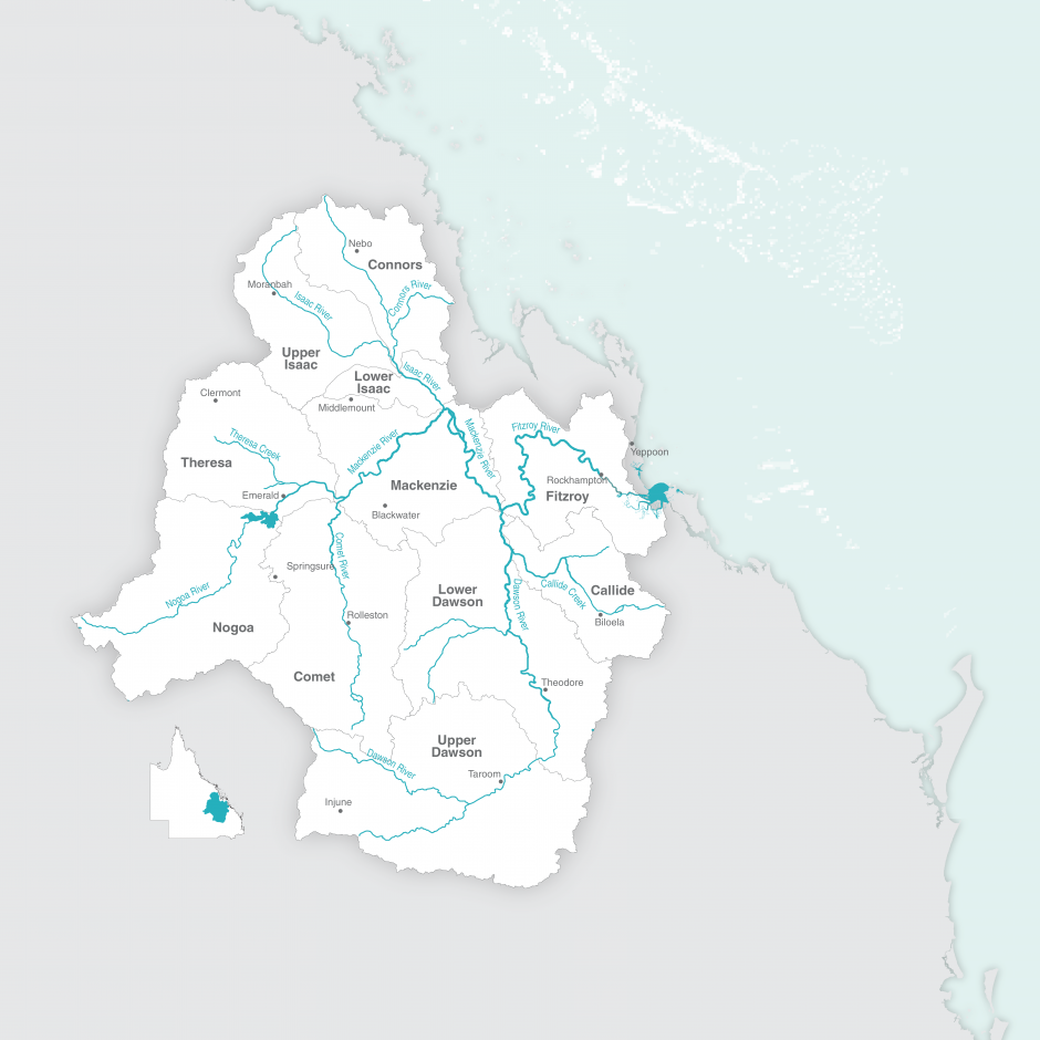 A map of the Fitzroy Basin and sub-catchments. 